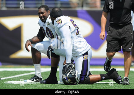 Agosto 07, 2010 - Baltimore, Maryland, Stati Uniti d'America - 07 agosto 2010: Baltimore Ravens linebacker Ray Lewis (52) e difensivo fine Trevor Pryce (90) prendere un ginocchio durante corvi training camp a M&T Bank Stadium di Baltimora, MD...credito obbligatorio: Russell Tracy / Southcreek globale di credito (Immagine: Â© Southcreek globale/ZUMApress.com) Foto Stock