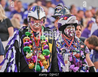 Agosto 12, 2010 - Baltimore, Maryland, Stati Uniti d'America - Agosto 12, 2010: Baltimore Raven prendere ventole in azione contro la Carolina Panthers. I Corvi sconfitto le pantere 17-12 come le squadre hanno giocato la loro prima partita di preseason a M&T Bank Stadium di Baltimora, Maryland. (Credito Immagine: © Southcreek globale/ZUMApress.com) Foto Stock