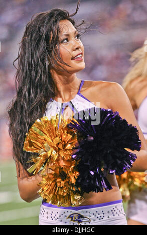 Agosto 12, 2010 - Baltimore, Maryland, Stati Uniti d'America - Agosto 12, 2010: a Baltimore Raven cheerleader gode di una vittoria contro la Carolina Panthers. I Corvi sconfitto le pantere 17-12 come le squadre hanno giocato la loro prima partita di preseason a M&T Bank Stadium di Baltimora, Maryland. (Credito Immagine: © Southcreek globale/ZUMApress.com) Foto Stock