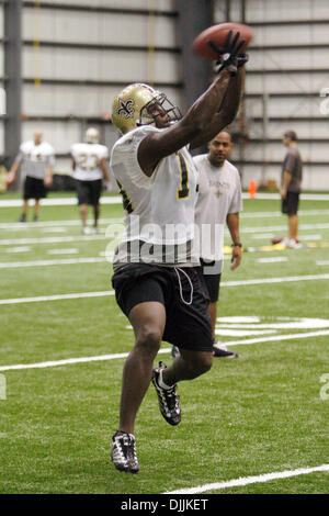 14 agosto 2010 - New Orleans, Louisiana, Stati Uniti d'America - 14 Ago, 2010: New Orleans Saints wide receiver Devery Henderson (19) Si ritiene che le catture di un passaggio durante la pratica presso i santi Indoor training facility in Metairie, Louisiana. Credito: Donald pagina / Southcreek globale di credito (Immagine: Â© Southcreek globale/ZUMApress.com) Foto Stock