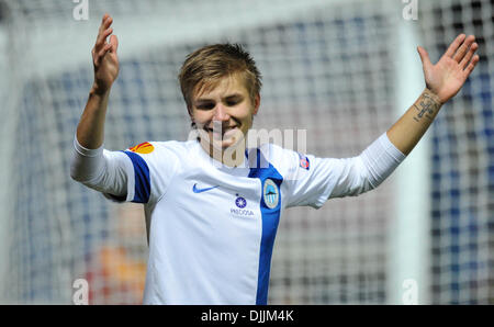 Liberec, Repubblica Ceca. 28 Nov, 2013. Martin Frydek di Liberec reagisce durante la European Football League 5 round F Gruppo G Gruppo H Gruppo match contro SC Freiburg in Liberec, Repubblica Ceca, Novembre 28, 2013. Credito: Radek Petrasek/CTK foto/Alamy Live News Foto Stock