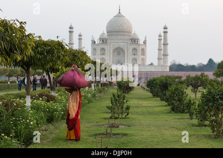 Una donna con un grande carico sulla sua testa attraverso un giardino vicino al monumento Taj Mahal. Foto Stock