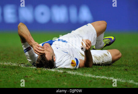 Liberec, Repubblica Ceca. 28 Nov, 2013. Michael Rabusic di Liberec reagisce dopo la European Football League 5 round F Gruppo G Gruppo H Gruppo match contro SC Freiburg in Liberec, Repubblica Ceca, Novembre 28, 2013. Credito: Radek Petrasek/CTK foto/Alamy Live News Foto Stock