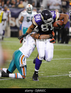 Sett. 19, 2010 - Minneapolis, Minnesota, Stati Uniti d'America - Minnesota Vikings manualmente l'estremità Visanthe Shiancoe #81 giunchi per 18 metri contro i delfini di Miami nel secondo trimestre. I Delfini sconfitti i vichinghi 14-10 al Mall of America campo. (Credito Immagine: © Marilyn Indahl/Southcreek globale/ZUMApress.com) Foto Stock