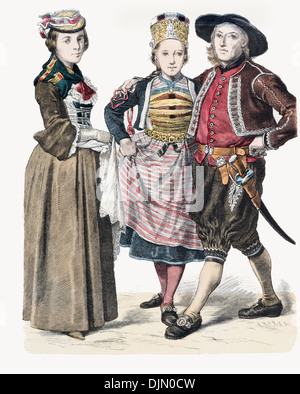 Fine XVIII secolo XVIII 1700s giovane svizzero da Zurigo e lady sulla sinistra da Wallis Foto Stock