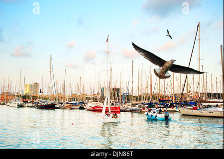 Persone su uno yacht nel Port Vell di Barcellona, Spagna. Foto Stock