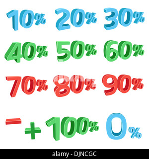 Il blu, verde, rosso 3D sconto somme isolati su sfondo bianco Foto Stock