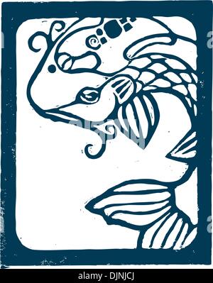 Woodblock stampa di pesci koi in blu. Illustrazione Vettoriale