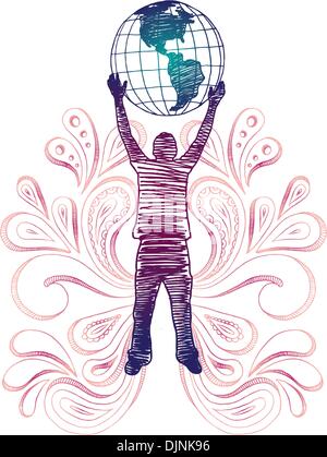 Sketchy silhouette dell'uomo azienda globo con paisley. Tutti gli elementi separati. Illustrazione Vettoriale