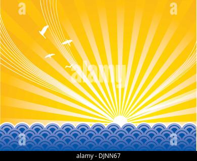 Il sorgere del sole sopra il rendering artistico dell'oceano. Tutti gli elementi separati. Illustrazione Vettoriale