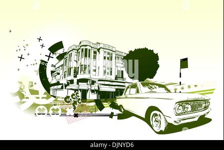 Illustrazione Vettoriale di vecchi vintage custom collector's auto su Urban abstract background in stile grunge Illustrazione Vettoriale