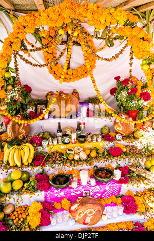 Un altare o ofrendas impostato per celebrare il Giorno dei Morti festival noto in spagnolo come Día de Muertos Novembre 1, 2013 a Oaxaca, Messico. Foto Stock