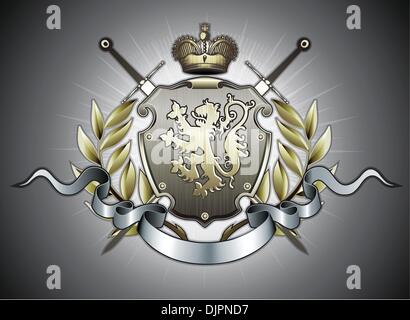 Illustrazione Vettoriale di scudo araldico o badge con due spade, Golden Lion, corona, banner e elementi floreali Illustrazione Vettoriale