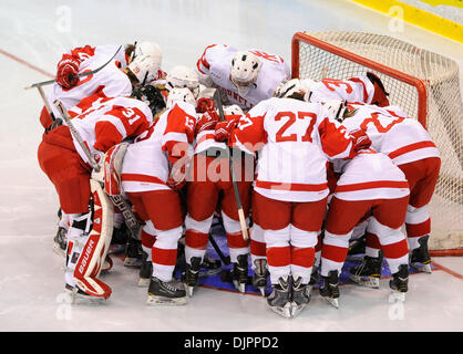 Ithaca, New York, Stati Uniti d'America. 29 Nov, 2013. Novembre 29, 2013: Cornell Big Red giocatori soddisfare prima di iniziare un NCAA donna Hockey gioco tra il Boston College Eagles e Cornell Big Red in Lynah Rink di Ithaca, New York. Ricca Barnes/CSM/Alamy Live News Foto Stock