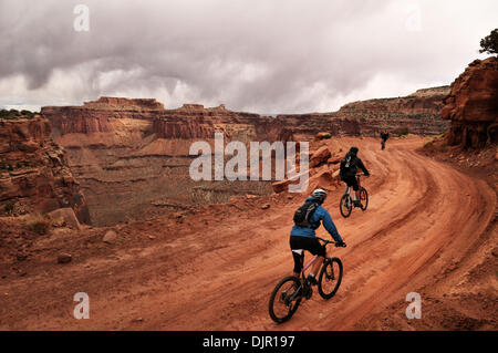 03 maggio 2010 - Moab, Utah, Stati Uniti d'America - un gruppo di appassionati di mountain bike fissato un permesso per il White Rim Trail che corre attraverso il Parco Nazionale di Canyonlands vicino a Moab, Utah. Il gruppo aveva una trazione a quattro ruote motrici vehcile per supporto. Si accamparono in certified campeggi. Il sentiero è di 103 miglia lungo e viene eseguito attraverso una bella desert canyon e paesaggi. La molla meteo era soleggiata e tempestose. Foto Stock