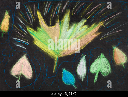 Bambini disegno - diverse foglie di autunno su sfondo nero Foto Stock