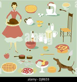 Diva interno e di un set di attrezzature da cucina e cibo Illustrazione Vettoriale