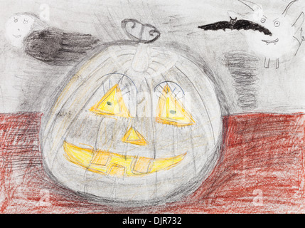 Bambini disegno - scolpita la zucca di Halloween e nero bat Foto Stock