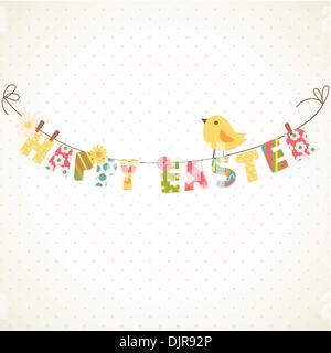 Carino Felice Pasqua card. Stendibiancheria con lettere su di esso. Illustrazione Vettoriale