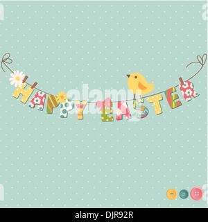 Carino Felice Pasqua card. Stendibiancheria con lettere su di esso. Illustrazione Vettoriale