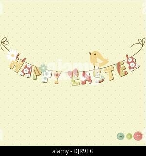 Carino Felice Pasqua card. Stendibiancheria con lettere su di esso. Illustrazione Vettoriale