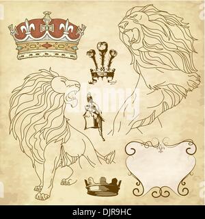 Set di Lion e corona araldica Illustrazione Vettoriale