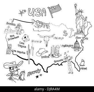 Mappa stilizzata dell America. Cose che diverse regioni in Stati Uniti d'America sono famosi per la. Illustrazione Vettoriale