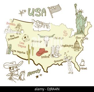 Mappa stilizzata dell America. Cose che diverse regioni in Stati Uniti d'America sono famosi per la. Illustrazione Vettoriale