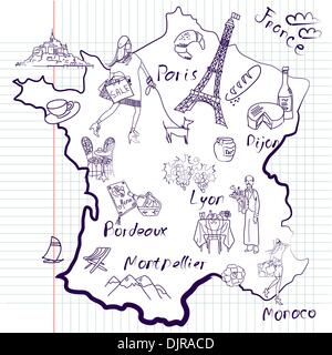 Mappa stilizzata della Francia. Cose che diverse Regioni in Francia sono famosi per la. Illustrazione Vettoriale