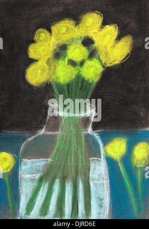 Bambini disegno - still life fiori gialli nel vasetto di vetro Foto Stock