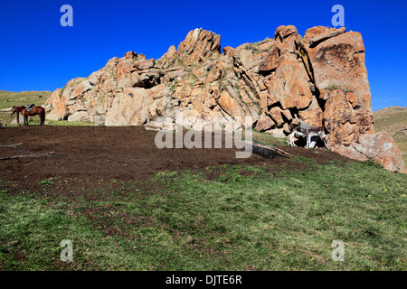 Nomads abitazione, Strada di Song Kol, Naryn Oblast, Kirghizistan Foto Stock