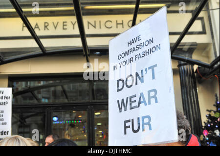 Knightsbridge di Londra, Regno Unito. Il 30 novembre 2013. Campagna per abolire il commercio di pellicce (CAFT) manifestanti stare fuori da Harvey Nichols tenendo striscioni e cartelloni. Credito: Matteo Chattle/Alamy Live News Foto Stock