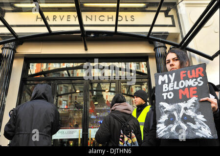 Knightsbridge di Londra, Regno Unito. Il 30 novembre 2013. Campagna per abolire il commercio di pellicce (CAFT) manifestanti stare fuori da Harvey Nichols tenendo striscioni e cartelloni. Credito: Matteo Chattle/Alamy Live News Foto Stock