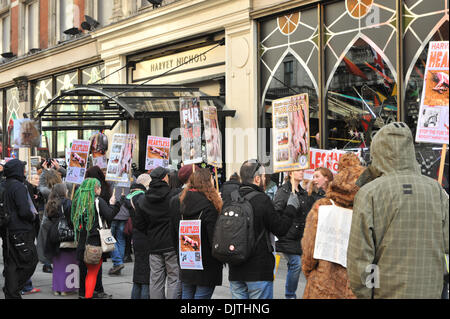 Knightsbridge di Londra, Regno Unito. Il 30 novembre 2013. Campagna per abolire il commercio di pellicce (CAFT) manifestanti stare fuori da Harvey Nichols tenendo striscioni e cartelloni. Credito: Matteo Chattle/Alamy Live News Foto Stock