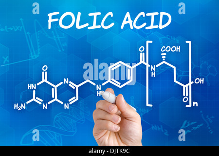 Mano con disegno a penna la formula chimica di acido folico Foto Stock