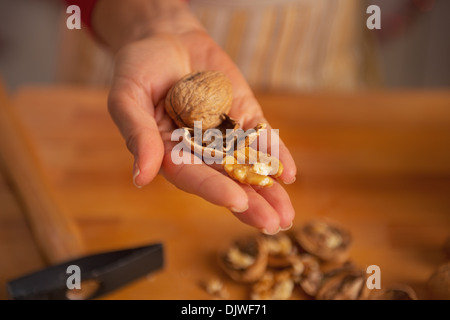 Primo piano sul giovane casalinga che mostra le noci Foto Stock