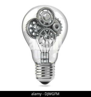 Bulbo di lampadina e ingranaggi. Perpetuum mobile idea concetto. 3d Foto Stock