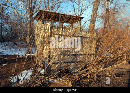 Un'anatra cieca lungo la costa di Presque Isle Bay a Erie, Pennsylvania, in inverno con neve a terra. Si tratta di strutture private. Foto Stock