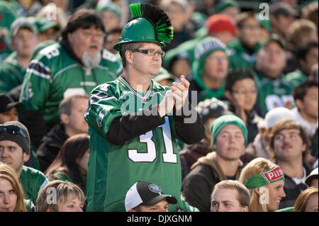 Nov. 6, 2010 - Regina, Saskatchewan, Canada - Un Saskatchewan Roughriders cheers ventola in azione durante la Saskatchewan RoughrIders vs Edmonton Eskimos gioco a mosaico Stadium di Regina. La Saskatchewan Roughriders sconfitto il Edmonton Eskimos da 31-23. (Credito Immagine: © Derek Mortensen/Southcreek globale/ZUMApress.com) Foto Stock