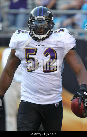 Novembre 21, 2010; Baltimore Ravens linebacker Ray Lewis (52) presso la Bank of America Stadium di Charlotte, NC. Il punteggio finale viene Baltimore 37- Carolina 13. . Jim Dedmon/CSM(Immagine di credito: © Jim Dedmon/Cal Sport Media/ZUMAPRESS.com) Foto Stock