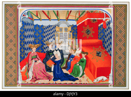 Christine de Pizan pisano presentando il suo libro di Isabella di Baviera regina di Carlo VI di Francia chromolitho Foto Stock