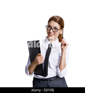 Business Woman in bicchieri con una cartella e cavalletti della penna Foto Stock