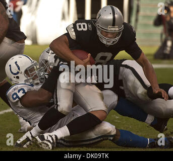 Dic. 26, 2010 - Oakland, CA, Stati Uniti d'America - Oakland Raiders vs Indianapolis Colts a Oakland-Alameda County Coliseum Domenica, 26 dicembre 2010. Indianapolis Colts difensivo fine Dwight Freeney #93 sacchi Oakland Raiders quarterback Jason Campbell #8..Raiders allentati per Colts 26 a 31 (Credito Immagine: © Al Golub/ZUMAPRESS.com) Foto Stock