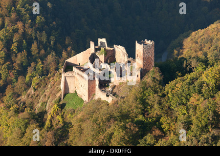 VISTA AEREA. Castello abbandonato nelle montagne orientali dei Vosgi. Castello di Saint-Ulrich, Ribeauvillé, Alto Reno, Alsazia, Grand Est, Francia. Foto Stock