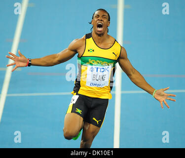 Nov. 26, 2010 - Daegu, Corea del Sud - Yohan Blake della Giamaica celebra il vincitore uomini 100 metri finale al tredicesimo IAAF mondiale di atletica a Daegu Stadium , Corea del Sud, e il agosto 28, 2011. (Credito Immagine: © Corea Jana premere/Jana premere/ZUMAPRESS.com) Foto Stock