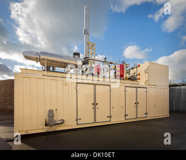 Un containerizzati stazione di alimentazione per consentire il recupero di biogas da fermentazione di discarica. Bio motore a gas e la cogenerazione. Foto Stock