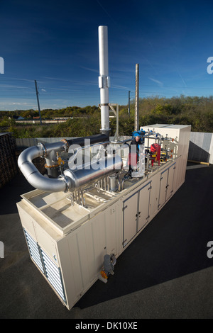 Un containerizzati stazione di alimentazione per consentire il recupero di biogas da fermentazione di discarica. Bio motore a gas e la cogenerazione. Foto Stock