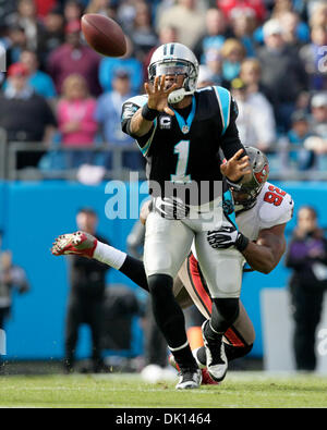 Charlotte, Florida, Stati Uniti d'America. 1 dicembre, 2013. DANIEL WALLACE | orari.Con Tampa Bay Buccaneers difensivo fine William Gholston (92) appesa, Carolina Panthers quarterback Cam Newton (1) completa di un pass per il fullback Mike Tolbert (35) per un 14 cantiere guadagno durante il secondo trimestre presso la Bank of America Stadium di Charlotte Domenica, 1 dicembre 2013. Credito: Daniel Wallace/Tampa Bay volte/ZUMAPRESS.com/Alamy Live News Foto Stock