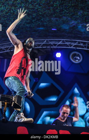 DJ Steve Aoki eseguendo in Mysteryland Foto Stock