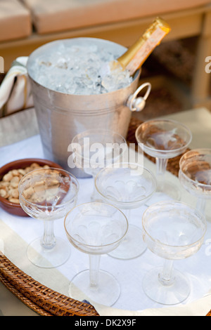 Bottiglia di Champagne la refrigerazione in argento secchiello per il ghiaccio sul vassoio con bicchieri di champagne e mandorle marcona sul patio soleggiato, elevato angolo vie Foto Stock